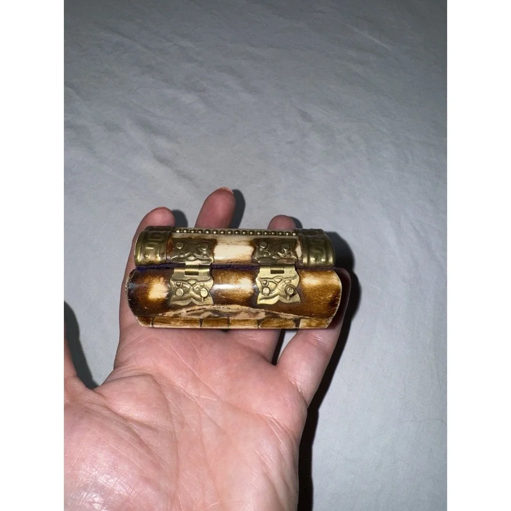 Vintage Bone and Brass Trinket Box Felt Lining India Jewelry Trinket Storage